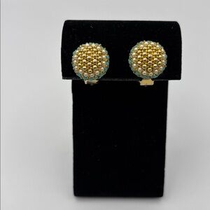 Blue White Gold-Tone Textured Hob Nail Clip-On Small Button Earrings